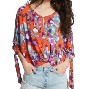 Free People Orange Floral Blouse Size Medium